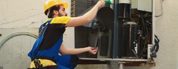 Skilled HVAC engineer removing layer of dust from blower fan to prevent ventilation system damage. Precise mechanic cleaning internal parts to stop risk of condenser overheating